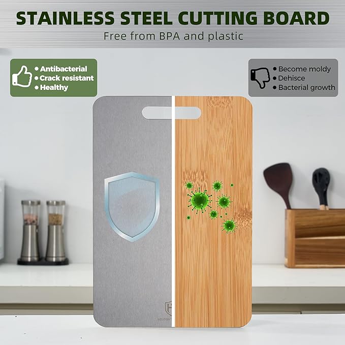 5 Pcs, Stainless Steel Cutting Board Set, with Sharpener & Silicone Mat - Non Toxic, Metal Cutting Boards for Kitchen, Luxury Gift for Home Chefs & Cooking Lovers - HEAVEN TRADING