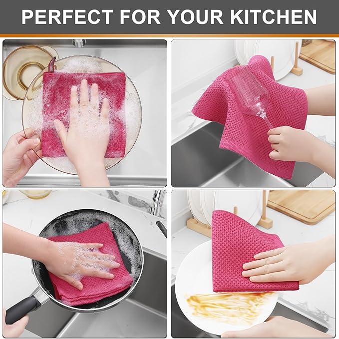 Kitinjoy 100% Cotton Kitchen Dish Cloths (12 X 12 Inches, Hot Pink), 6 Pack Waffle Weave Ultra Soft Absorbent Dish Towels for Drying Dishes Quick Drying Kitchen Towels Dish Rags