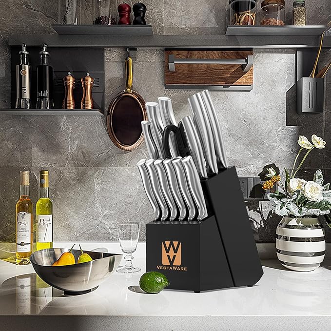 Knife Block Set, Razor-Sharp Kitchen Knife Sets, Stainless Steel Knife Set with Block, 14 Pieces Knives Set for Kitchen, Black Chef Knife Set, Dishwasher Safe, Gifts for Men