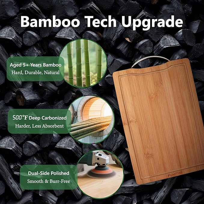 Bamboo Cutting Board, Wooden Cutting Boards for Kitchen with Double Sided Deep Juice Grooves & Wide Handle, Ideal Charcuterie & Chopping Board for Meat, Vegetables and Fruits