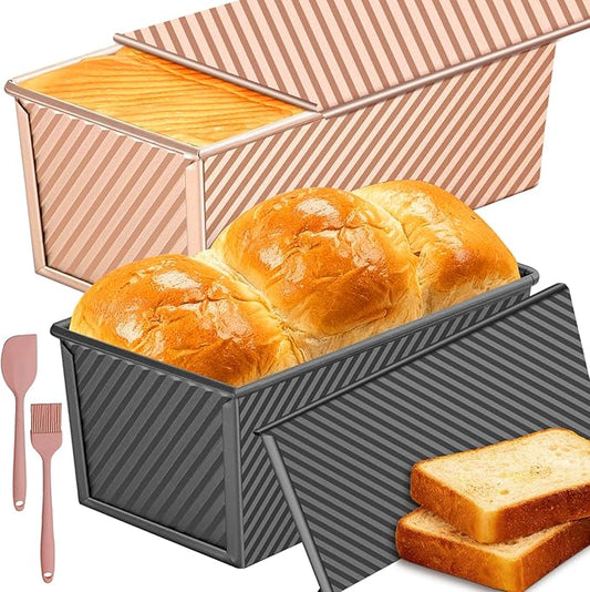 2Pack Pullman Loaf Pan with Lid: 2 LB & 1 LB Dough Capacity Carbon Steel Nonstick Bread Pan for Oven Baking - for Homemade Sourdough and Sandwich Bread - Essential for Home Bakers Family Kitchen