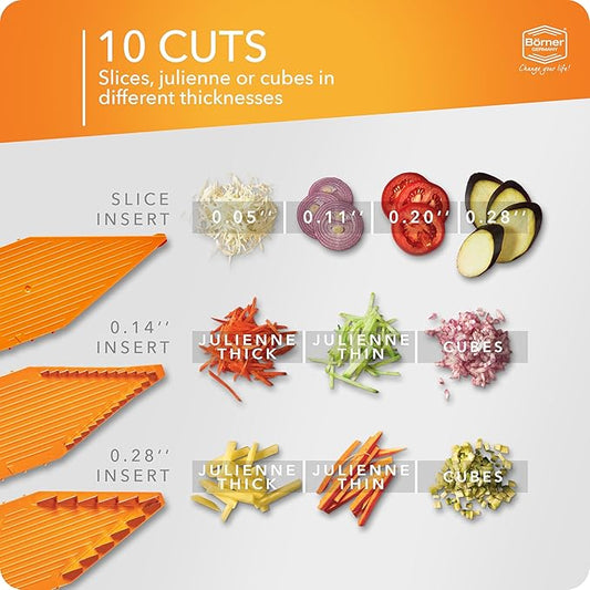 Mandoline Food Slicer Börner V5 (Profi Set) by Reston Lloyd • V-Slicer with 4 Inserts, Docking Station & Food Holder • Made in Germany • Fruit & Vegetable Chopper • Multiple Settings • Color: Orange