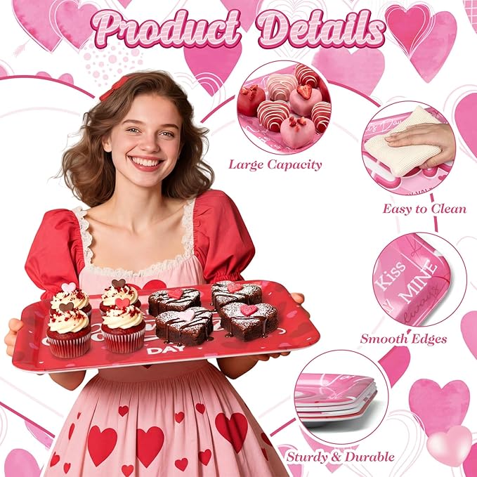 Vesici 4 Pack Valentine's Day Melamine Serving Trays, 13x10 Large Rectangular Platters for Party Food, Shatterproof Heart Cookie Plates for Appetizers, Romantic Dinner & Galentine's Kitchen Decor