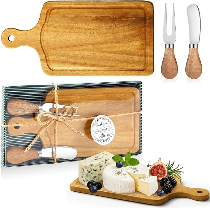 Ziliny 1 Set Bridal Baby Shower Cheese Prizes Wooden Square Board Gift Set Knives Forks Thank You Tags with Box for Guests for Valentines Bridal Baby Shower Housewarming (Teak Wood)