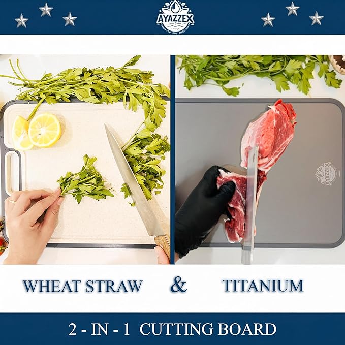 AYAZZEX Titanium Cutting Boards for Kitchen – Double-Sided Food Grade Cutting Board – 99.9% Titanium & Wheat Straw PP (15”×9”) Large Size & Ultra Durable, Easy to Clean - Includes Sponge & Pad & Hook