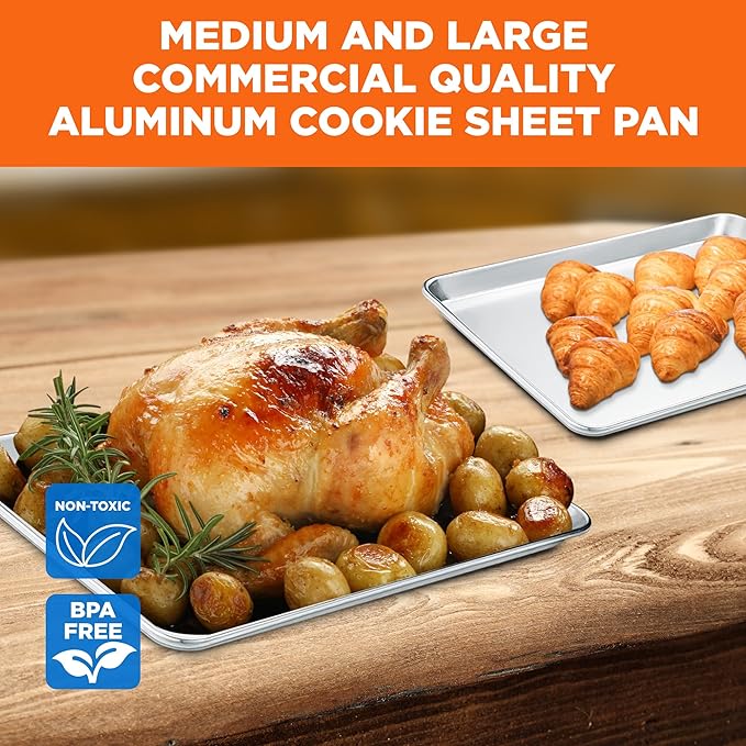 Baking Pan Set - Medium and Large Aluminum Cookie Sheet Pan (10.5" x 15" and 13" x 18"), PFOA, PFOS, PTFE Free, Recipe Booklet Included, Oven Safe, Resist Heat Up To 500° F, Set of 2