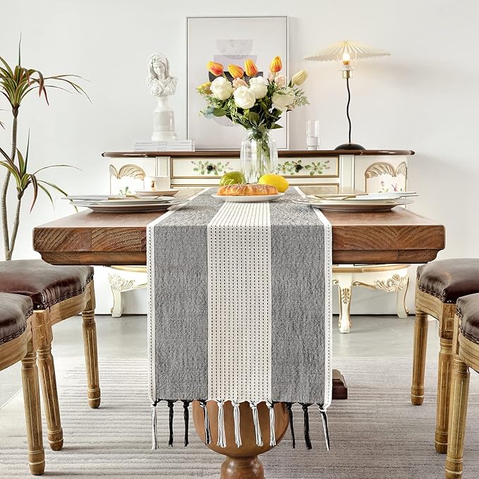 Wracra Linen Table Runner, Farmhouse Macrame Table Runners 48 Inches Long for Dining Table Decor, Wedding, Party and Dresser Decor (Black,48")