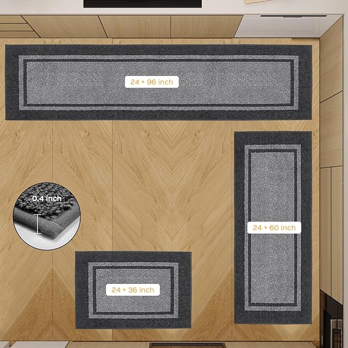 Kichen Rugs 24" x 96", Non-Slip Machine Washable Kitchen Runner Rugs Floor Mats, Absorbent Comfort Standing Mats for Kitchen, Sink, Laundry and Hallway, Light Grey & Dark Grey