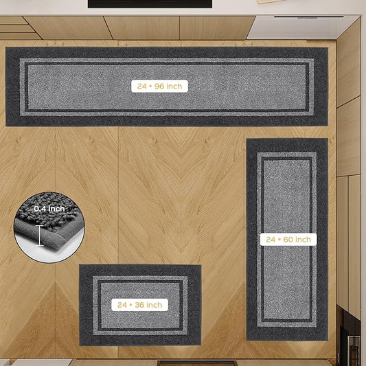 Kichen Rugs 24" x 96", Non-Slip Machine Washable Kitchen Runner Rugs Floor Mats, Absorbent Comfort Standing Mats for Kitchen, Sink, Laundry and Hallway, Light Grey & Dark Grey