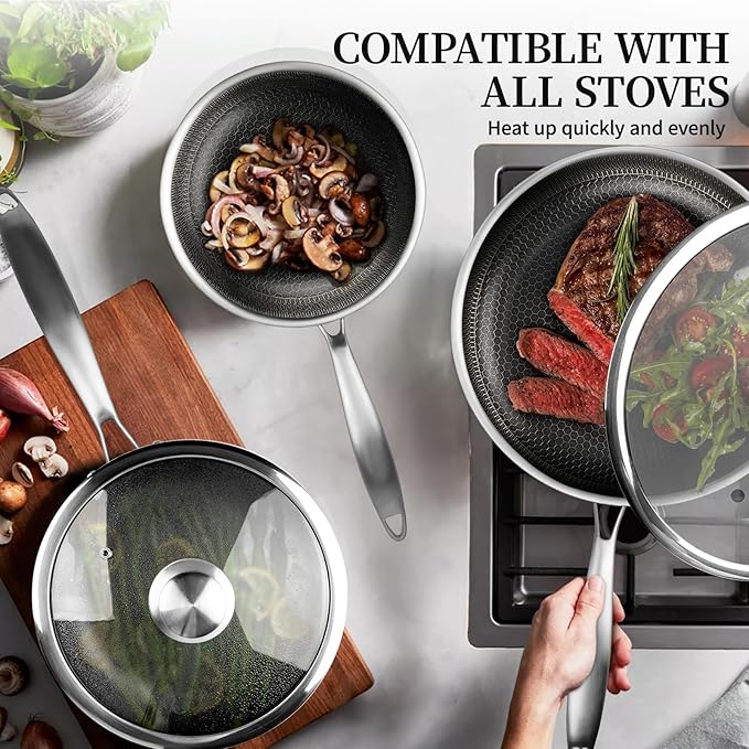 CADIVIZZO 6 Pieces Stainless Steel Frying Pan Set with Lids, Honeycomb Nonstick Frying Pan Set 3 Pcs,Induction Skillet Set Egg Omelette Frying Pan Sets W/Lid, Induction Compatible, PFOA Free