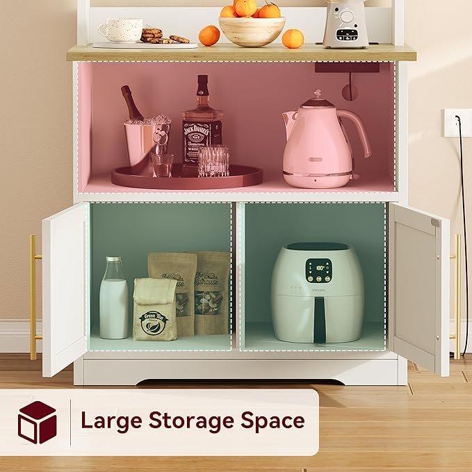 Garvee Farmhouse Bakers Rack with Power Outlets, Microwave Stand with Cabinet, Kitchen Hutch Pantry Cabinet, Kitchen Coffee Bar Cabinet for Spices, Dishes, and Pots, White