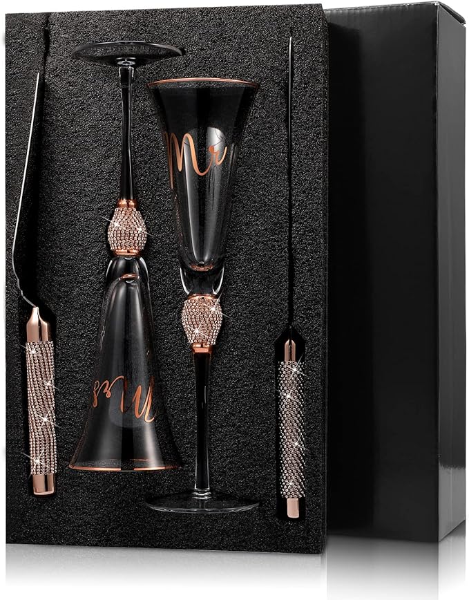 Boao 4 Piece Wedding Champagne Flutes and Cake Knife Server Set Crystal Mr and Mrs Toasting Flutes Rhinestone Cake Cutting Set for Bride and Groom Wedding Engagement Bridal Shower Gifts(Rose Gold)