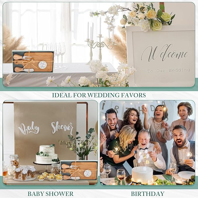 Ziliny 3 Set Bridal Baby Shower Cheese Prizes Wooden Square Board Gift Set Knives Forks Thank You Tags with Box for Guests for Valentines Bridal Baby Shower Housewarming Gifts (Bamboo Color)