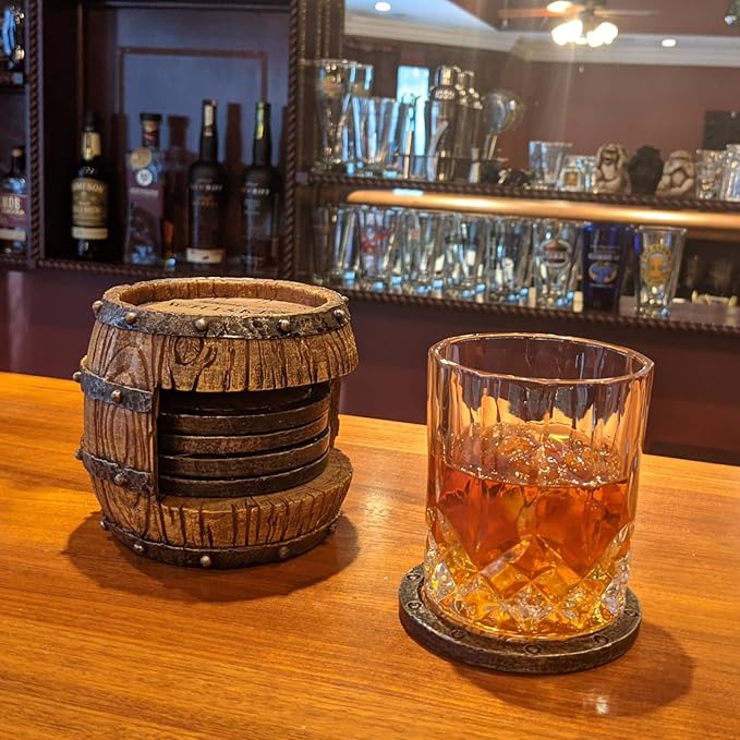 Pine Ridge Whiskey Bourbon Barrel Coaster Set - 5 Rustic Pieces for Bar Decorations for Home, Coasters for Men, Ideal Bar Coasters for Whiskey and Bourbon Drinkers, Man Cave Essentials