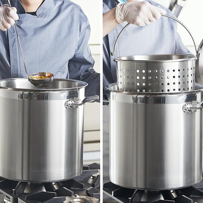 NSF 20 Quart Large Stock Pot with Lid and Basket, 18/8 Stainless Steel, 3-Ply Clad Base, Commercial Cookware for Soup, Stew & Sauce, Dishwasher Safe, 11.8"D x 12.8"W x 11.8"H, Induction Ready