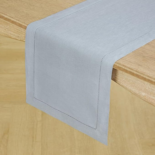 Solino Home Linen Dusty Blue Table Runner 72 Inches Long - 100% Pure Linen Hemstitch Table Runner 14 x 72 Inch for Dresser, Dining, Winter, Spring, Easter - Classic Hemstitch