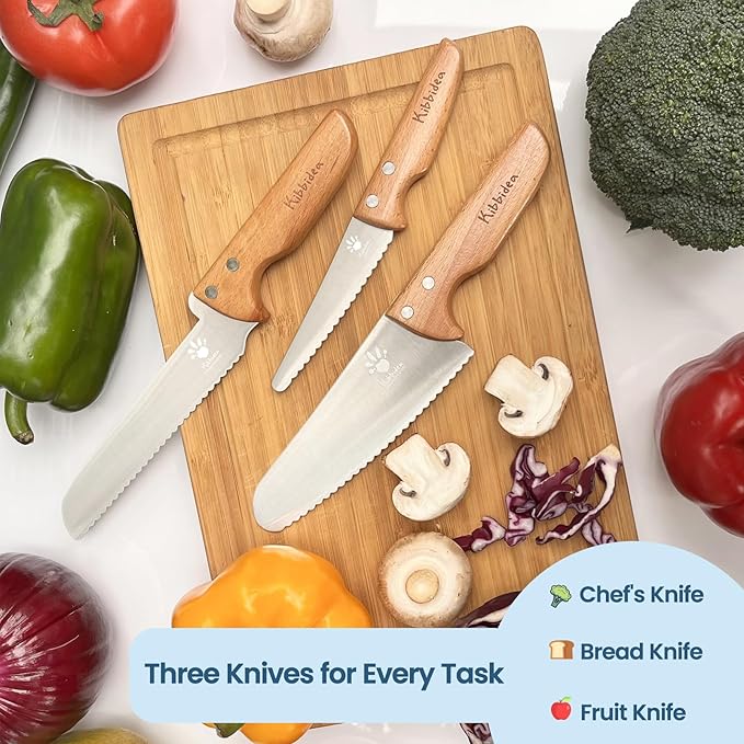 Kibbidea Kids Knife Set for Real Cooking Safe, 4pcs Kids Beginners Kitchen Knives for Cutting Chopping, Food-grade Stainless Steel Blades, Metal Children First Starter knife, BPA-free Tool (Silver)