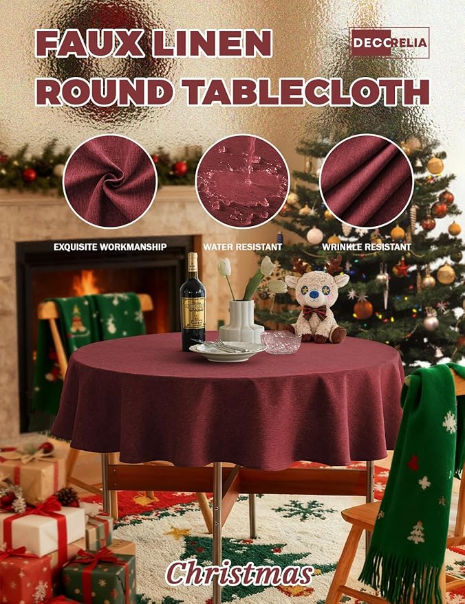 Christmas Red Waterproof Round Table Cloth for Round,Decorative Farmhouse Tablecloths Table Cover for Holiday,Banquet,Dining& Kitchen (60 Inch,Round (2-4 Seats,Burgundy)