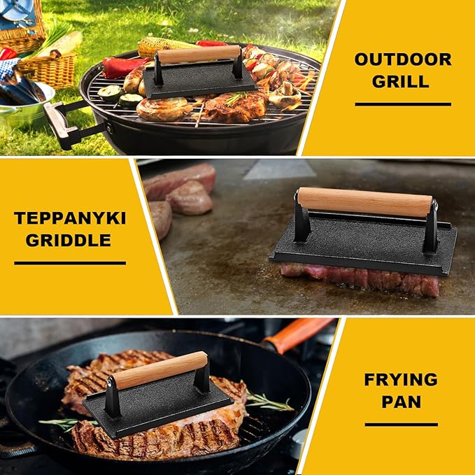 AIVIKI Burger Press, Smash Burger Press for Blackstone Griddle, Heavy Duty Cast Iron Rectangular 8.2x4.2In Bacon Grill Press with Wood Handle, Meat Steak Weight for Sandwich, Paninis (Rectangle)