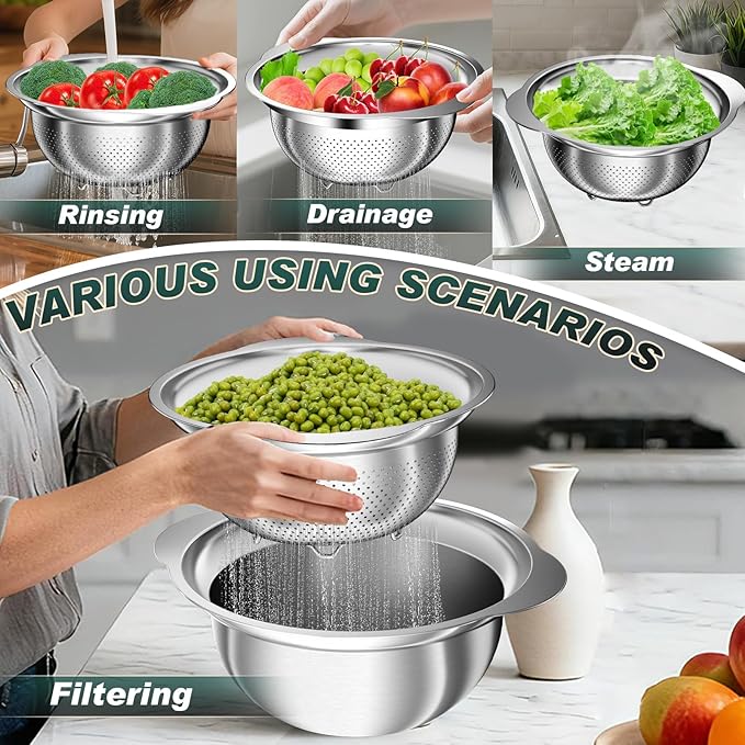 Stainless Steel Colanders with Mixing Bowl - 3.0QT & 2.0QT Strainer and Colander with Handle, 3.5QT Nesting Kitchen Bowl with Colander For Pasta, Vegetables, Fruit, Rice