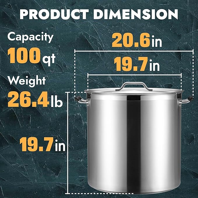CURTA 100 Quart Large Stock Pot with Lid - Bottom Width 19.7 Inches - NSF Listed 3-Ply Clad Base 18/8 Stainless Steel Commercial Induction Ready Cookware