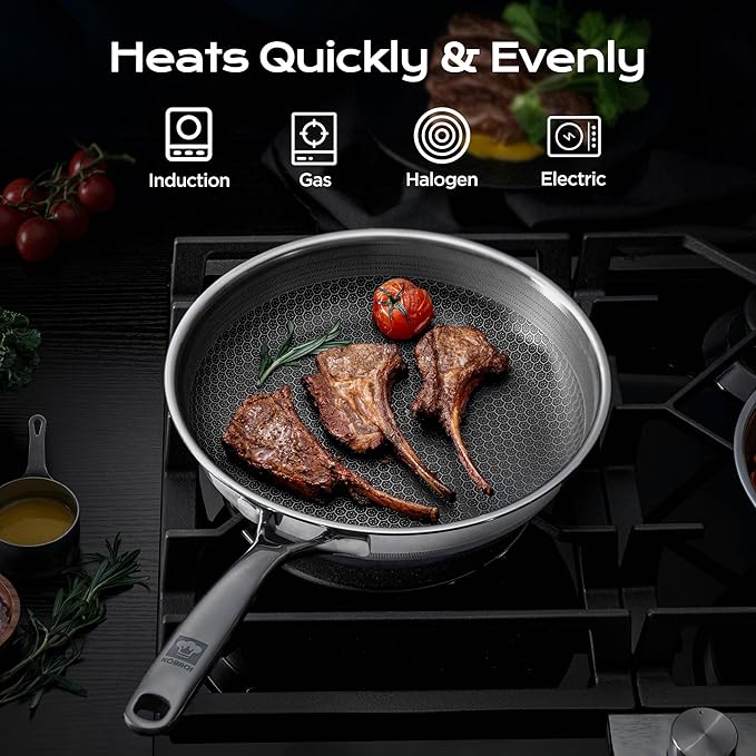 KOBACH 10in Nonstick Frying Pan - Stainless Steel Skillet, Dishwasher & Oven Safe, Compatible with Induction & Gas Stoves, Non-Toxic & Easy to Clean