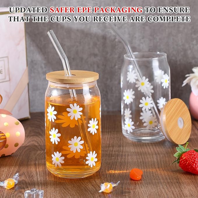 Gerrii 4 Pcs Tumbler Glass Cups with Bamboo Lids and Straw 16 oz Beer Can Tumbler Iced Coffee Cups Flower Drinking with Glass Straw for Birthday Gift(Daisy)