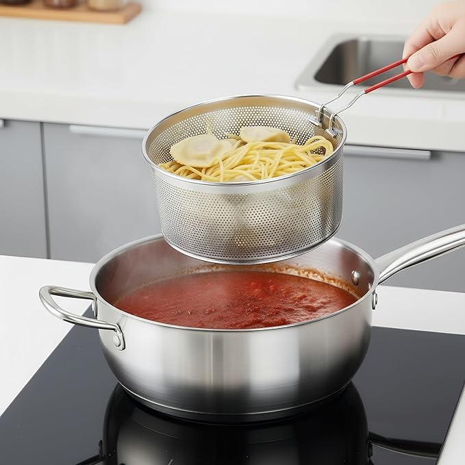 TOPZEA Set of 2 Pasta Strainers, Stainless Steel Spaghetti Noodle Strainer Basket Deep Fry Basket with Removable Handle Kitchen Food Colander for Boiling, Frying, Blanching, Draining, Steaming