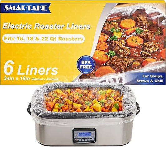SMARTAKE Electric Roaster Liners, 6-Count Disposable Roaster Liners, Fits 16, 18, 22 Quart Roasters, Roaster Pan Oven Liners Plastic Cooking Bags for Instant Cleanup, 18 x 34 Inch
