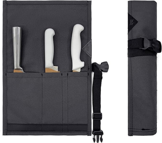 Under NY Sky Knife Roll Case - 3 Slots - Heavy Duty Oxford Canvas Pouch - Leather Reinforced - Portable Bag for Cooking Tools, Utensils, Cutlery Knives, Brushes - Chefs, Kitchen, Travel, Gift - Gray