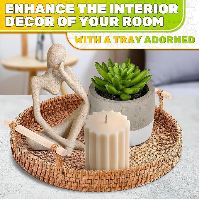 Rattan Tray 8.7-Inch Round – Woven Serving Basket with Handles – Holidays Romantic Decorative Tray for Coffee Table, Bread, Fruit, Vegetables, Restaurant & Home Use Charming Easter Styling Table Decor
