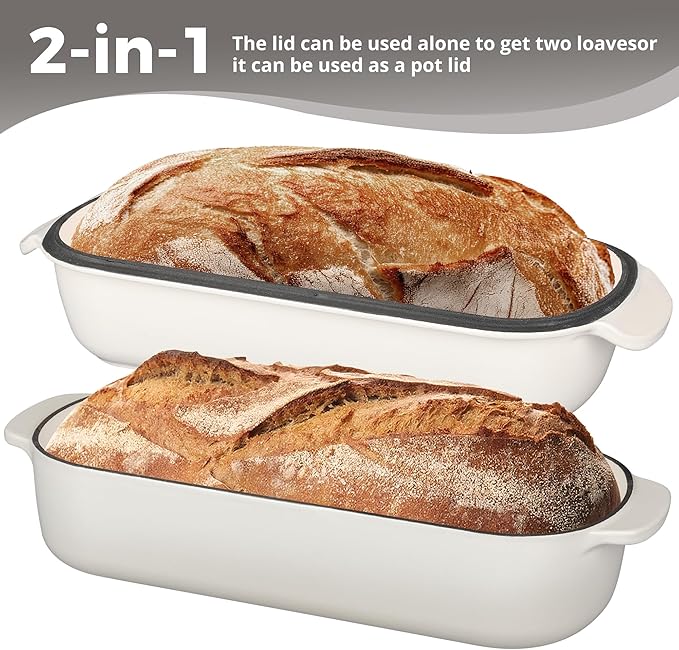 EDGING CASTING Enameled Cast Iron Loaf Pan with Lid, Bread pan, Dutch Oven Bread pan for Homemade Sourdough Bread Baking, 12.5x5.5 inch, 5qt, White