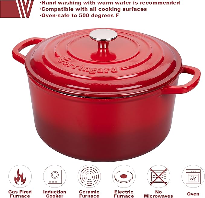 VORRINGARD Enameled Cast Iron Dutch Oven Pot with Lid, for Sourdough Bread Baking, Round Dutch Ovens, 6 Quart, Red