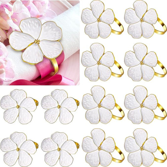 Patelai 150 Pcs White Flower Napkin Rings Bulk, Holiday Gold Cloth Napkin Rings Floral Serviette Buckles Party Table Decor for Baby Shower Fall Thanksgiving Wedding Banquet Dinner Daily Use