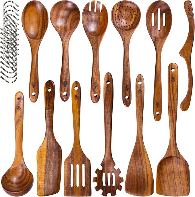 12 Piece Wooden Spoons for Cooking, Natural Teak Wooden Utensils Set, Handmade Wood Kitchen Utensil Set with Hooks, Durable Nonstick, Comfort Grip, Heat Resistant Wood Cookware Tool