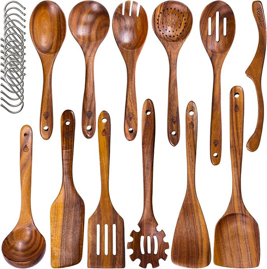 12 Piece Wooden Spoons for Cooking, Natural Teak Wooden Utensils Set, Handmade Wood Kitchen Utensil Set with Hooks, Durable Nonstick, Comfort Grip, Heat Resistant Wood Cookware Tool