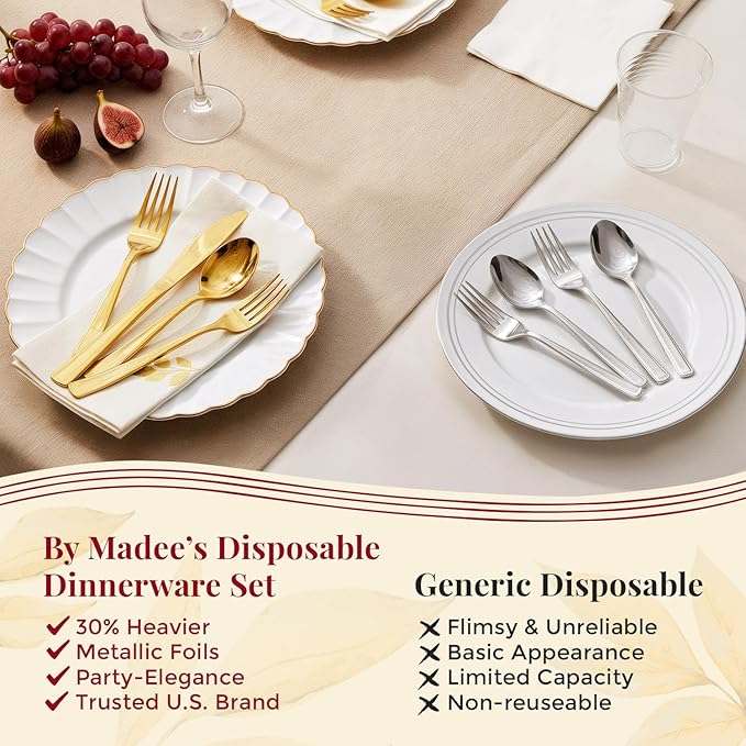 By Madee HIGH END 175 Pc Ivory Scalloped Plastic Plates with Gold Trim | Fancy Disposable Dinnerware Set | Nice Disposable Plates and Cutlery Set w/Cloth Like Napkins for Weddings & Party (25 Guests)