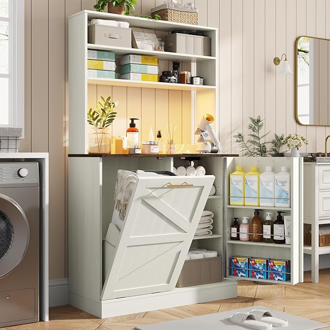 63" H Pantry Cabinets with 10 Gallon Trash Can,Led Light,Outlet,35" W Kitchen Hutch with Tilt Out Trash Can Cabinet,Farmhouse Cupboard with Large Countertop