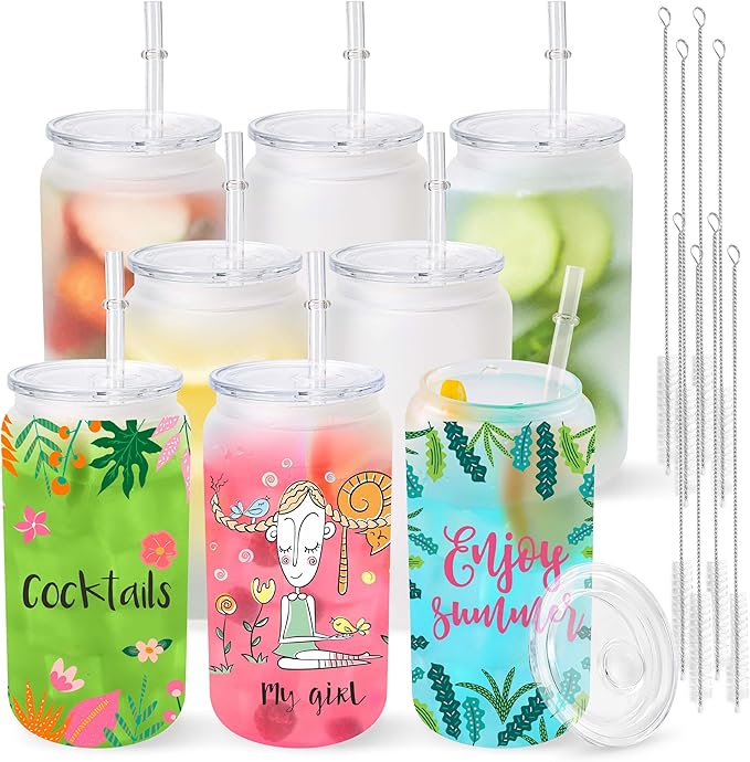 Joyclub 8 Pack Sublimation Cups 16 OZ Frosted Glass Cans Blanks with Clear Lids Mason Jars for Iced Coffee Beer Juice and Soda Drinks