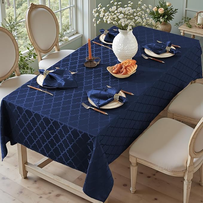 Larponder Tablecloth Rectangle, Jacquard Polyester Table Cloth, Washable & Spill Proof Table Cover for Spring Kitchen Dining Party Picnic (Rectangle, 52" x 70", Navy)