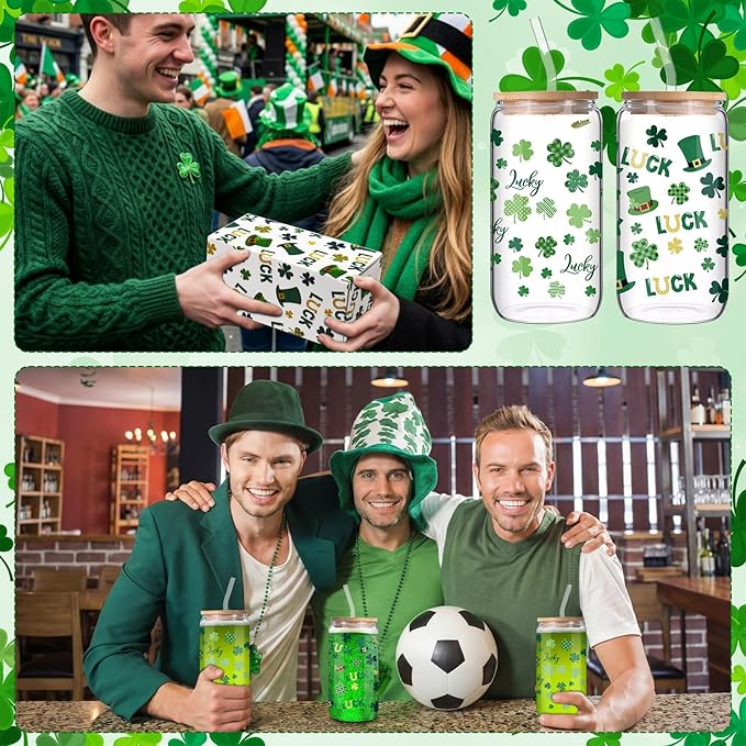 Jinei 2 Pcs Glass Cup Set 18 Ounce Glasses Cups with Bamboo Lids and Straws Tumbler for couple Mug for Women Men Birthday Party Favor Gift(St Patricks Day)