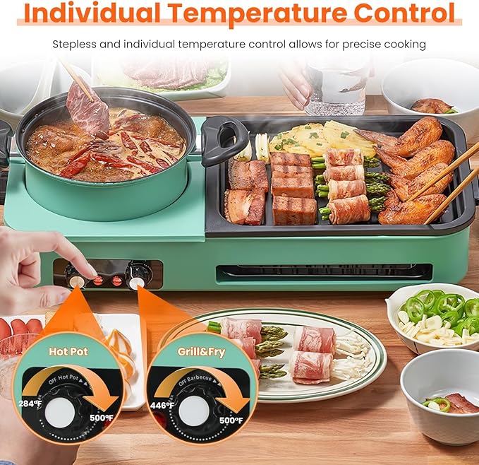 iMounTEK Electric Grills 3 IN 1 Electric Smokeless Hot Pot with Grill 1600W Smokeless Non-Stick BBQ Grill Korean Shabu Shabu Hot Pot Combo with Independent Temperature Control for Home Party