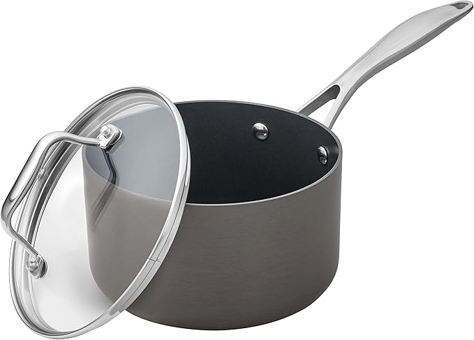 Amazon Basics Mini Sauce Pan With Lid, 1.9 Quarts, Hard-Anodized Non-Stick Aluminum, Gray