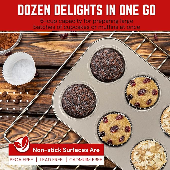Flexzion Muffin Tray Cupcake Baking Pan 2 Pack, Carbon Steel Muffin Tins Nonstick 6 Cups, Cupcake Tin Bakeware Accessories for Baking Cupcake Muffin Brownies Snack, Fridge Safe, Champagne Gold