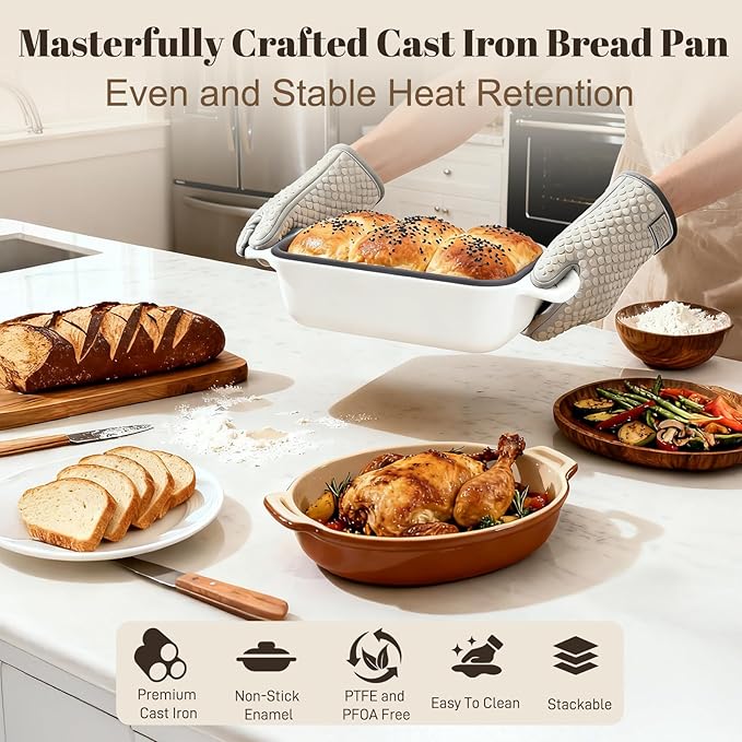 DYCYRQ Enameled Cast Iron Sourdough Bread Dutch Oven, Cast Iron Loaf Bread Pan for Homemade Bread Baking, 2PCS 9 x 5Inch Meatloaf Pan with Lid, Oven Safe, Cream