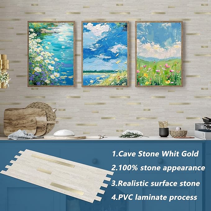 Yipscazo 2026 New Upgrade PVC Wall Tiles Stick on Tiles for Backsplash Kitchen, Bathroom, Laundry Room, Camper, Fireplace (40 Sheets, Beige Cave Stone)