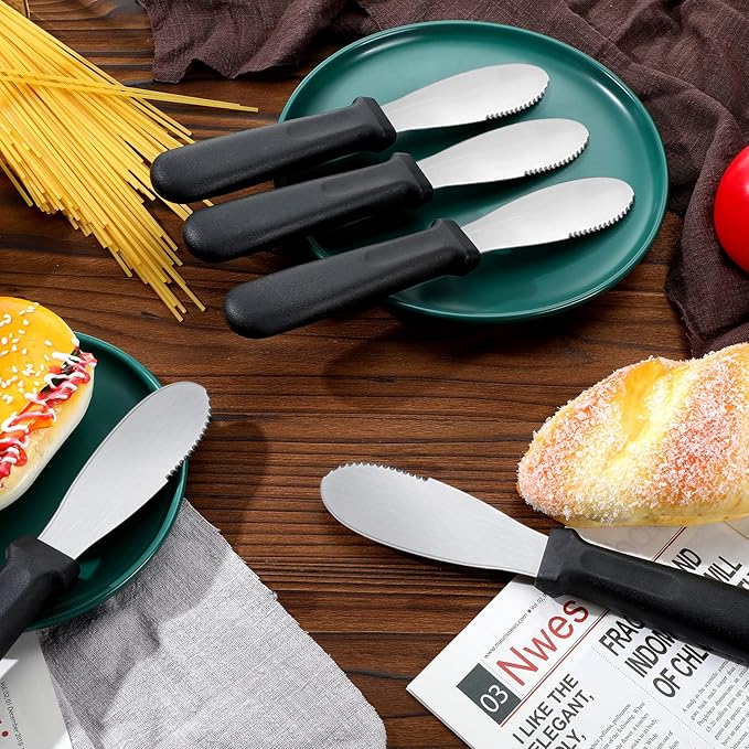 Cunno 12 Pcs Butter Spreader Knives Wide Blade Stainless Steel Cheese Spreader Knife Black Plastic Handle Slicing or Spreading Knife for Slicing Bread Cream Sandwich Condiment Kitchen 9.1 Inch