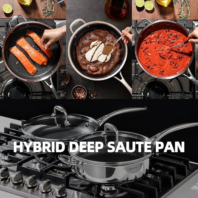 DELUXE Hybrid Ceramic Nonstick 3.7 Qt Deep Sauté Pan with Lid, Stainless Steel Skillet with Stay-Cool Handles, Dishwasher and Oven-Safe, PFOA Free Deep Frying Pan, Compatible with All Cooktops