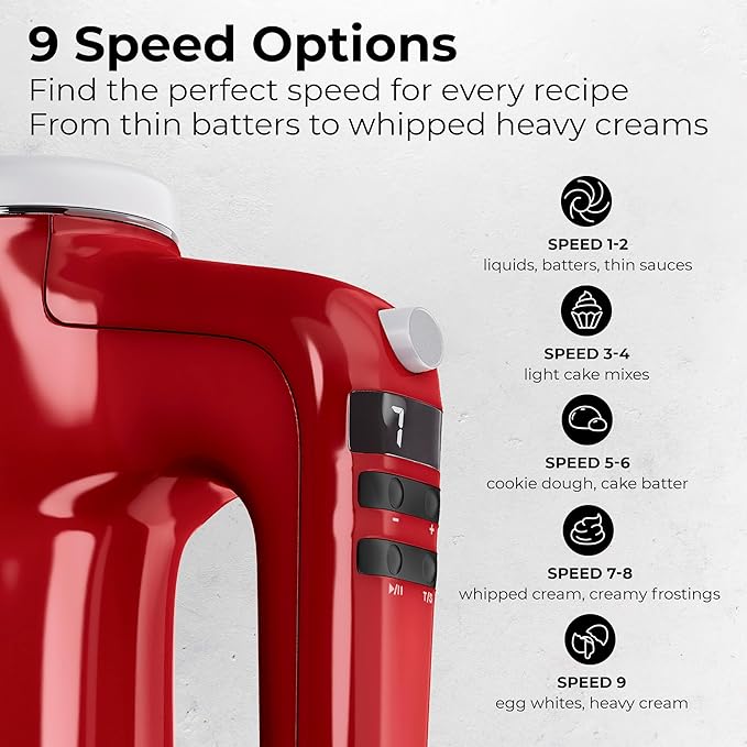 Stellagro 9 Speed Electric Handheld Mixer with Stainless Steel Whisk Beater Attachments & Snap Storage Case, Compact Lightweight 350 W Powerful hand held mixer for Baking & Cooking, Red