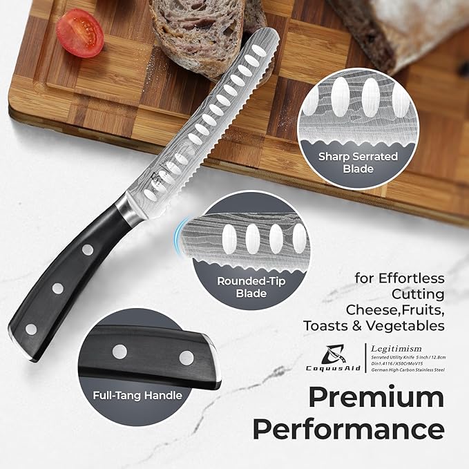 Kitchen Utility Knife, 5 inch Serrated Ultra Sharp Blade, Paring knives, Round Tip Tomato Knife, Ergonomic Handle, Full Tang – Forged High Carbon German Steel, Ideal for Gift (Black)